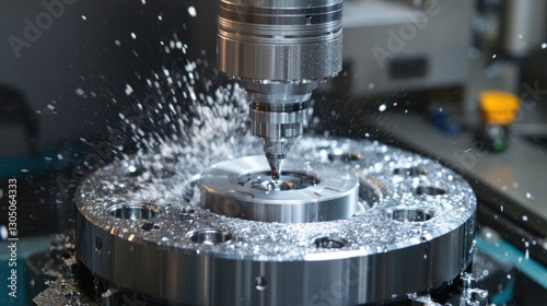 CNC machining, metal part, coolant spray, factory background