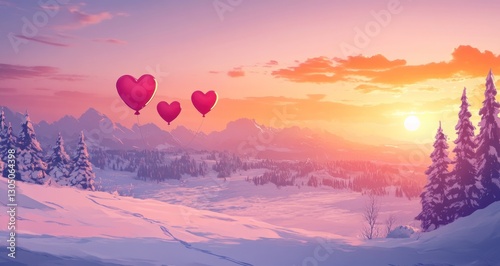 Heart-shaped balloons over snowy mountains at sunset.  Possible use  Greeting card, poster, Valentine's Day photo