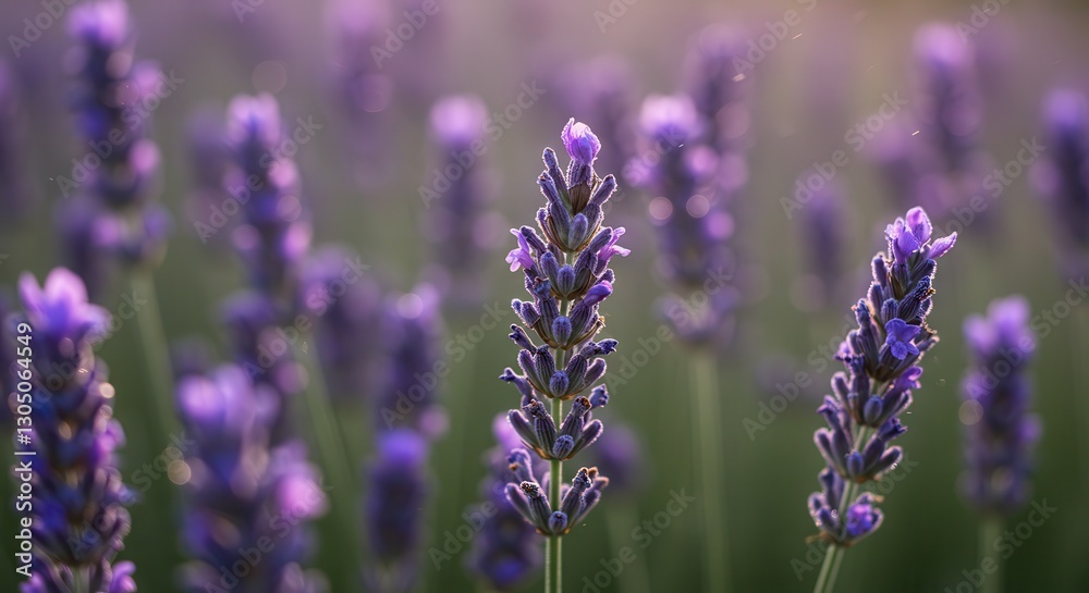 Blooming Lavender Flower Field at Dusk with Soft Purple Hues Blooming Lavender Flower Field at Dusk with Soft Purple Hues