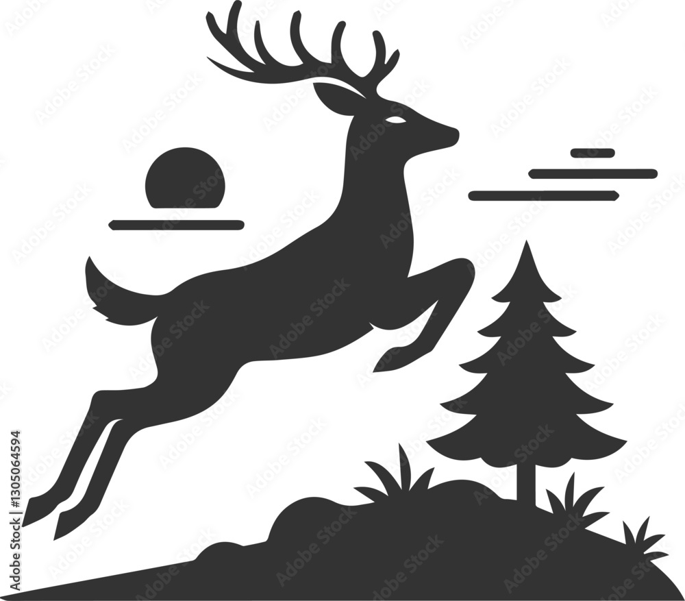 Fototapeta premium Deer leaping over a small bush animal silhouette vector