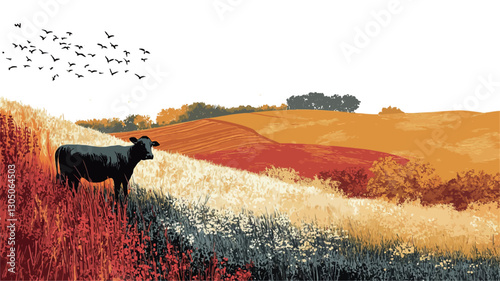 The image depicts a black cow standing on a gently sloping hill in a field of autumnal grasses and foliage. The colors are predominantly warm hues of yellow, orange, and red, indicating an
