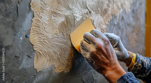 Worker expertly applies a textured finish to a wall surface using a trowel in a well-lit indoor construction space, showcasing attention to detail and craftsmanship
