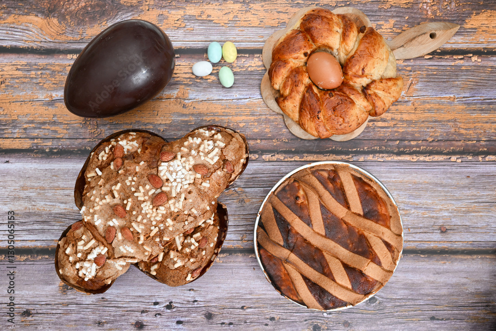 Italian easter breakfast Colomba pasquale or Easter Dove is a traditional Italian dessert  top view with chocolate egg pastiera and casatiello napoletano