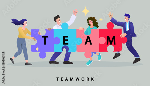 Group of business people assembling jigsaw puzzle and represent team support. Concept of teamwork, business cooperation, collective project work. solving problems. vector illustration.