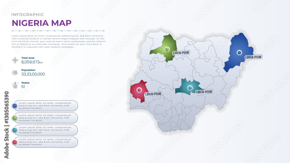 Naklejka premium Total Area, Papulation, States & More Detailed Infographic Map of Nigeria. Nigeria country map infographic colored vector template with regions and pointer marks.