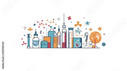A stylized illustration depicting a cityscape composed of various scientific instruments and symbols.  The style is flat vector design with thin lines and muted color palette.  Elements