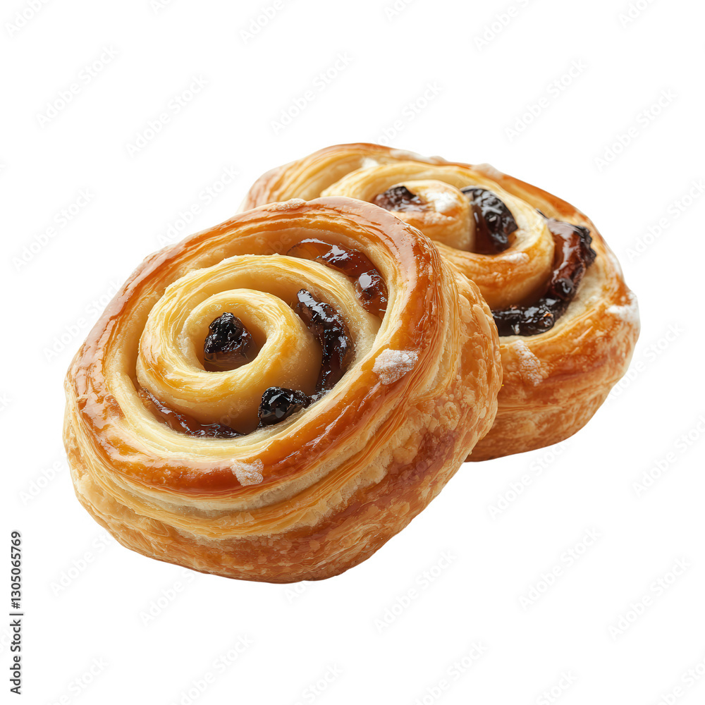 Fototapeta premium Golden Swirls of Delight: Two freshly baked cinnamon swirls, with a glistening glaze and plump raisins, are captured in a close-up shot.