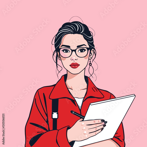Creative woman holding a notepad and pen with a confident expression against a pink background