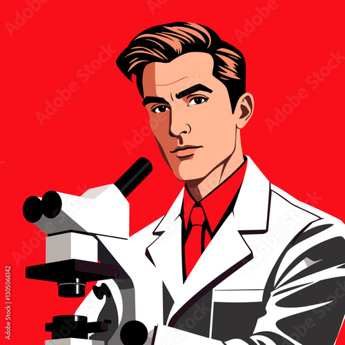 Young scientist using a microscope with a focused expression against a bold red background