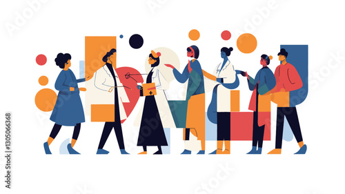 The image is a stylized vector illustration depicting a diverse group of individuals, including what appear to be healthcare professionals and patients, engaged in conversation. The figures