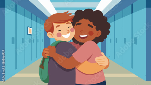 With tears of joy in their eyes two best friends who had gone off to different colleges embraced tightly in the school hallway grateful to reunite during a short break.. Vector illustration
