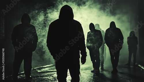 Menacing Figures: Silhouettes Of Criminals With Unidentifiable Faces Posing Threateningly On Dark Night Streets, Signifying Alarming Spike In Criminal Activity.