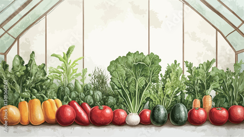 An illustration depicting a variety of fresh vegetables and fruits arranged in a row against a background of a greenhouse. The style is painterly, with soft light and subtle textures.