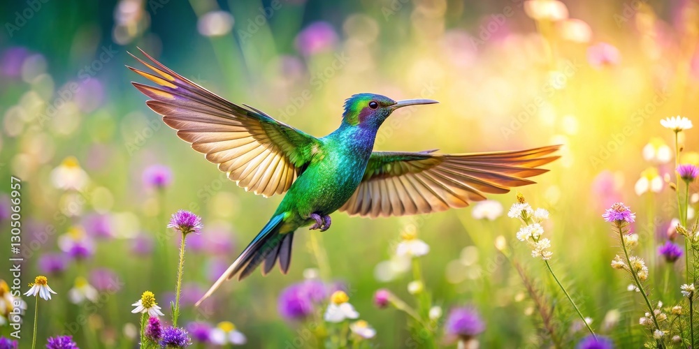 Obraz premium A vibrant hummingbird in flight, wings outstretched, amidst a field of wildflowers bathed in the warm glow of sunlight, a breathtaking scene of natural beauty