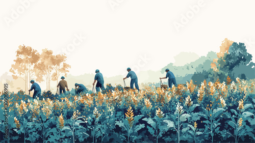 A stylized illustration depicting a group of individuals harvesting crops in a field. The color palette is predominantly blue and muted gold tones. The figures are depicted in a somewhat