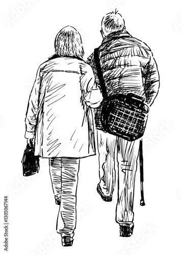 Old people couple sketch, realistic hand drawing of seniors pair walking outdoors,  back view, vector illustration isolated on white