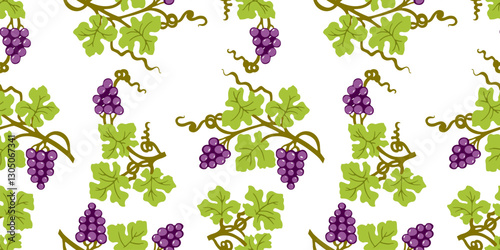 Seamless pattern of decorative vine branches with ripe grape berries, leaves, tendrils, vector background, paper, wallpaper, fabric