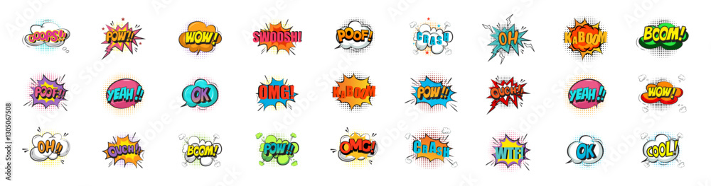 Vector Comic Speech Bubbles Set: Pop Art Sound Effects and Expressions.Cartoon explosion cloud phrase on white background