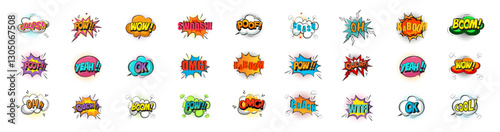 Obraz na płótnie Vector Comic Speech Bubbles Set: Pop Art Sound Effects and Expressions.Cartoon explosion cloud phrase on white background w salonie