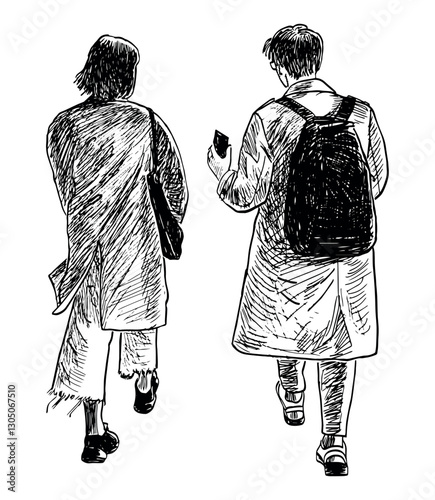 Sketch of casual young modern people couple walking outdoors, back view, realistic, vector hand drawing