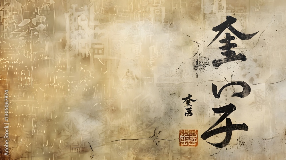 Obraz premium Elegant Asian Parchment with Handpainted Kanji Calligraphy and Silk like Textures