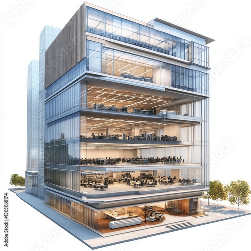 high-rise corporate office building cutaway rendering