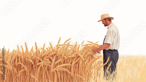 The image is a stylized illustration or painting depicting a man in a straw hat and light-colored clothing standing in a field of tall, ripe wheat. The wheat is golden-yellow and fills most
