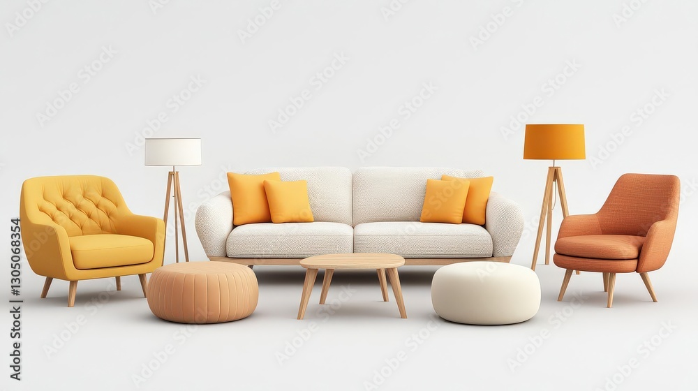 Fototapeta premium Modern living room setup featuring colorful furniture and decor.