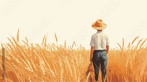 The image is a digital painting or illustration depicting a person, viewed from behind, standing in a tall field of golden wheat. The person wears a straw hat and light-colored clothing,