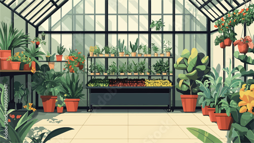 The image depicts the interior of a greenhouse.  The scene is dominated by a variety of potted plants of different sizes and types, displayed on the floor and on a dark-colored shelf in the