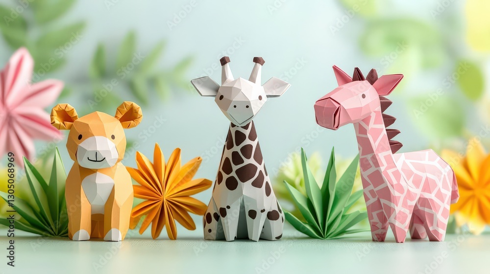 Naklejka premium Colorful paper animals surrounded by vibrant flowers in a whimsical setting.