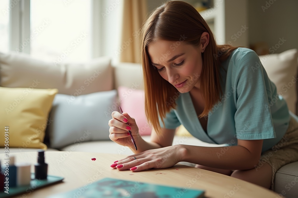 A Woman Painting Her Nails on a Table in Front of a Couch - Generative AI A Woman Painting Her Nails on a Table in Front of a Couch - Generative AI