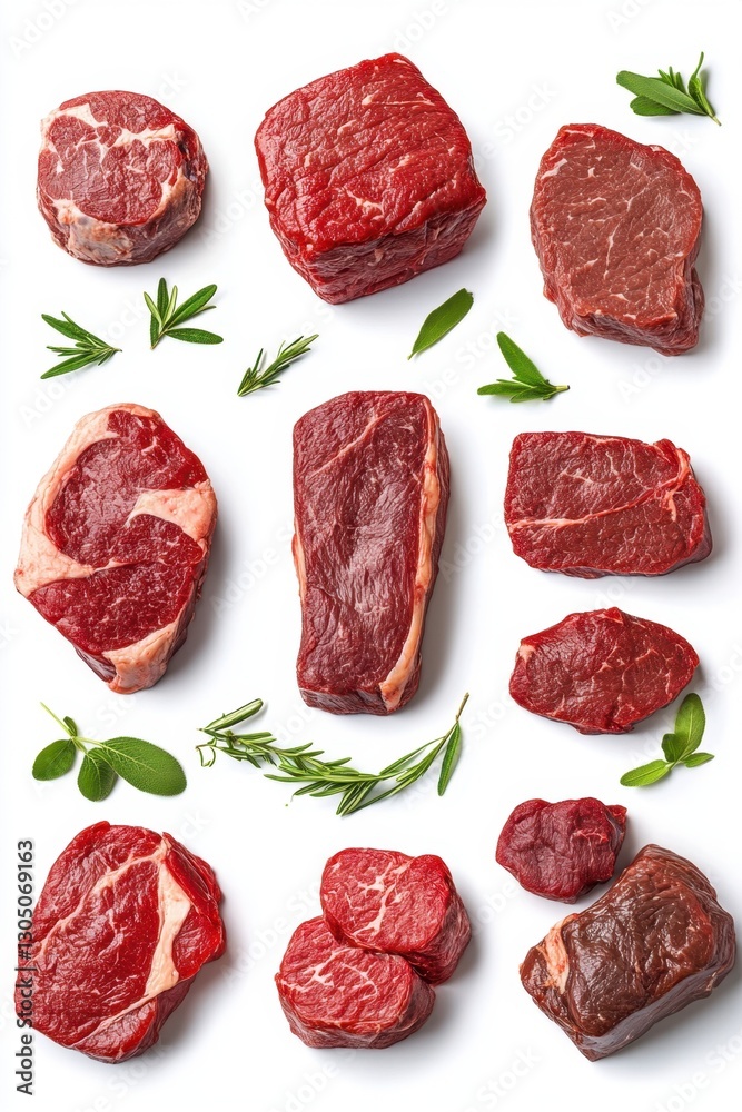 Assortment of Fresh Raw Beef Steaks with Rosemary and Sage on White Background Overhead View Culinary Food Photography Assortment of Fresh Raw Beef Steaks with Rosemary and Sage on White Background Overhead View Culinary Food Photography