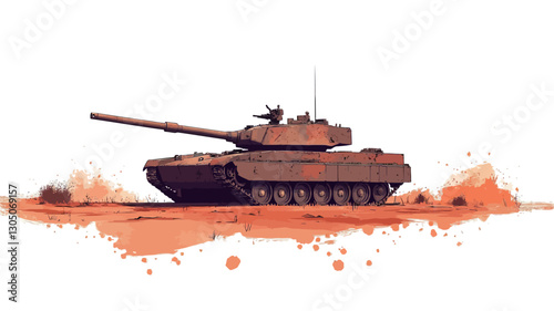 An illustration depicts a main battle tank in a desert setting. The style is reminiscent of watercolor painting with visible brushstrokes and texture, creating a slightly impressionistic