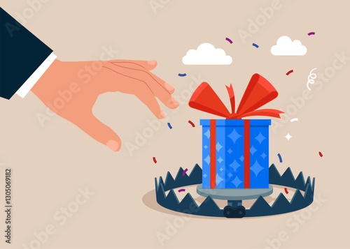 Hand tries to catch a trapped gift box with red bow. Deception or cheating. Modern vector illustration in flat style 