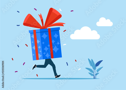 Funny running gift box with red bow instead of body. Modern vector illustration in flat style 