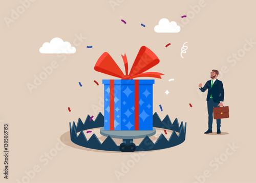 Businessman tries to catch a trapped gift box with red bow. Deception or cheating. Modern vector illustration in flat style 