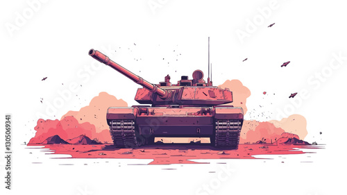 Digital illustration of a tank rendered in a low-polygonal style. The tank is depicted from a front perspective, with a muted color palette predominantly consisting of shades of red, pink