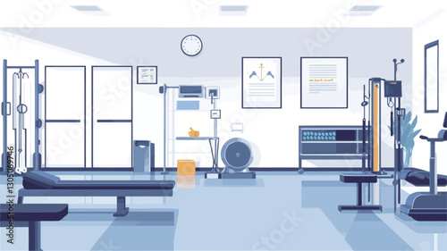 The image depicts a digitally rendered interior view of a modern physiotherapy or rehabilitation room. The room is bright and spacious, with white walls and light-colored flooring.  Various