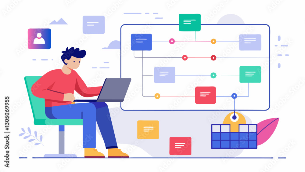 Through user journey mapping and data analysis a designer implements features on a website to simplify the booking process for users.. Vector illustration Through user journey mapping and data analysis a designer implements features on a website to simplify the booking process for users.. Vector illustration