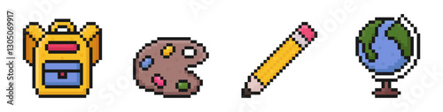 school supplies pixel art icons, back to school, 80s, 90s, old arcade game item style, backpack, school bag, palette, pencil, pen, globe, vector illustration