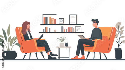 Illustration depicting two individuals, a therapist and a client, sitting in orange armchairs facing each other.  Both are holding laptops.  The setting is a minimalist office space with a