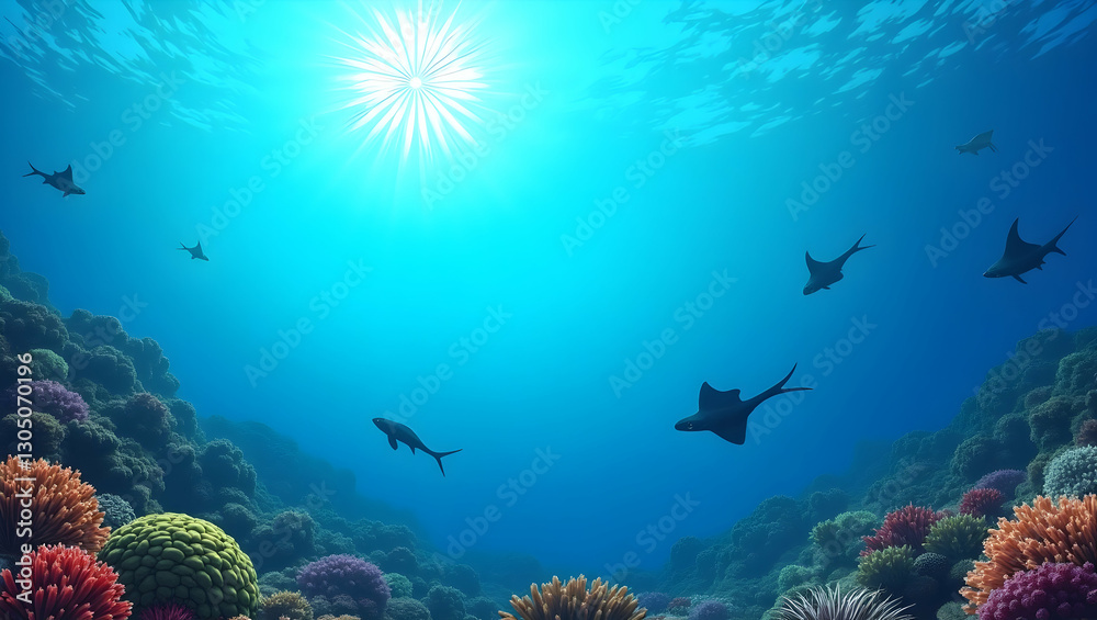 Fototapeta premium Coral reefs and manta rays border frame with marine conservation copy space for World Oceans Day concept as Elegant coral reefs and graceful manta rays framing marine conservation space for World Ocea