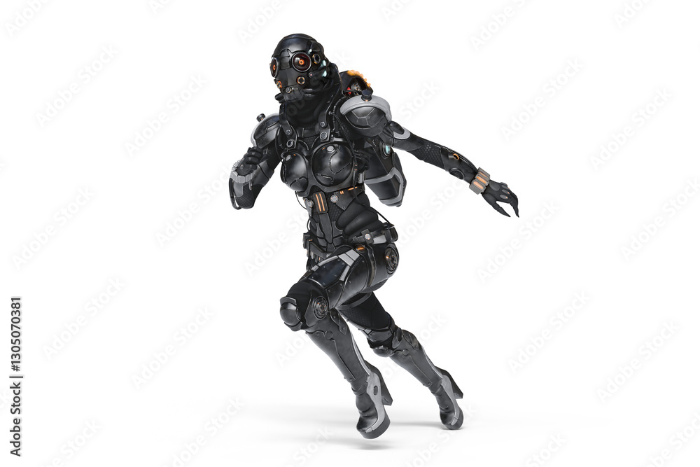 3d render of sci-fi female cyborg wears shiny black metal armor suit, helmet with red glowing lens goggles, high heels, jetpack in dynamic running pose. Concept art futuristic soldier white background 3d render of sci-fi female cyborg wears shiny black metal armor suit, helmet with red glowing lens goggles, high heels, jetpack in dynamic running pose. Concept art futuristic soldier white background