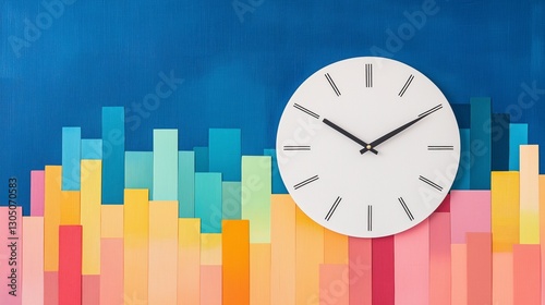 Colorful Clock on Artistic Background of Pastel Bars and Vibrant Shapes