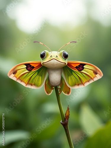 A cute chibi froggy moth, green nature background