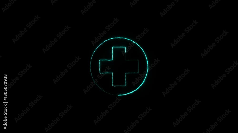 Linear neon animation of plus in circle animation on black background. Linear neon animation of plus in circle animation on black background.