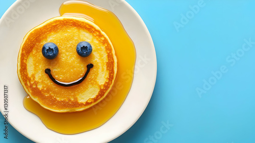A cheerful pancake with blueberry eyes and syrup smile brightens up a vibrant blue table