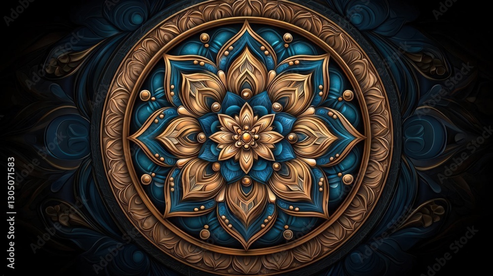 Intricate circular mandala design with gold and blue elements. Intricate circular mandala design with gold and blue elements.