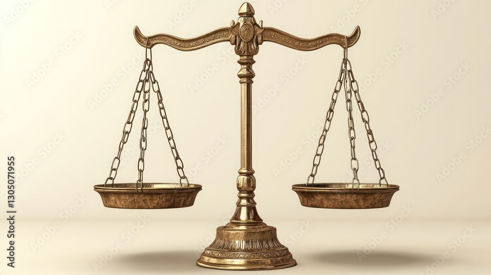 Balanced brass scales of justice on simple background Balanced brass scales of justice on simple background